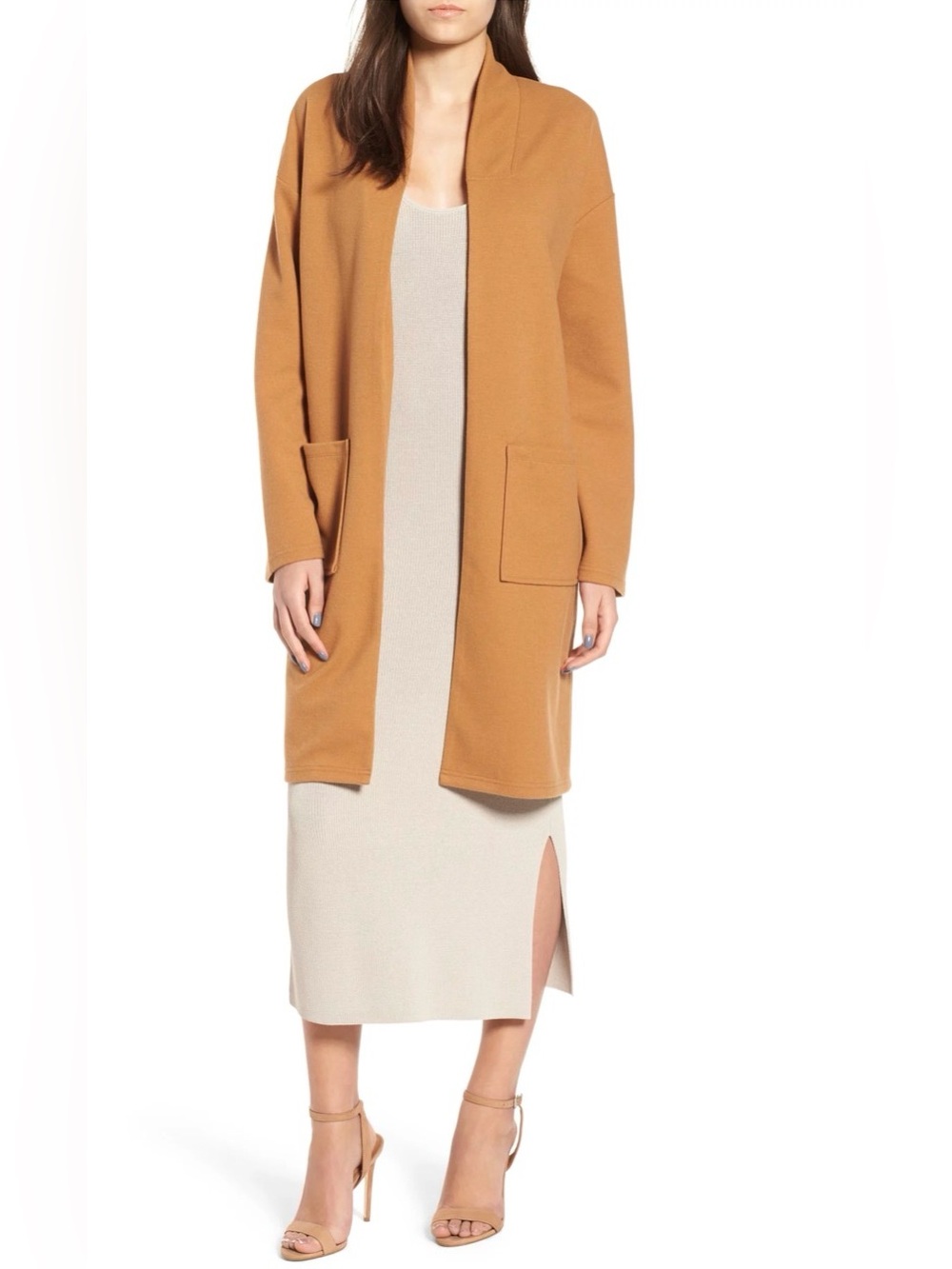 Leith Midi Coat. Classic Open-Front Camel Coat with Patch Pockets